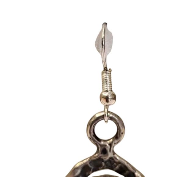 Tear Drop Pierced Earrings Hammered Silver Round Black Stone 2 inch drop - Picture 11 of 13